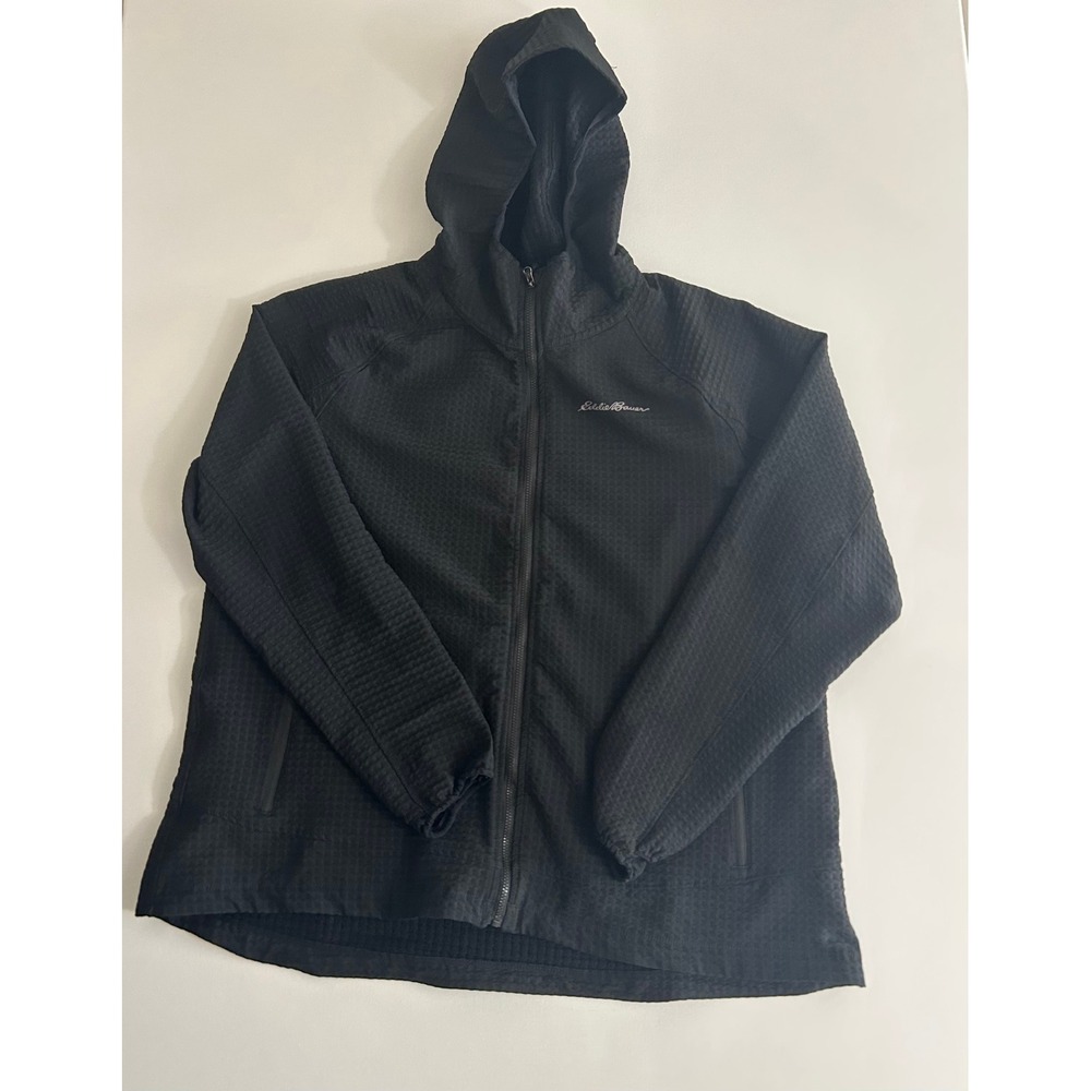 Eddie Bauer Womens XXL Black Waffle Grid Full Zip Hoodie Jacket Outdoor Layer